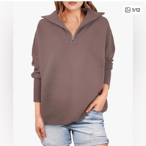 Anrabess Cozy Ribbed Half-Zip Turtleneck Sweater - Taupe Mauve Medium
